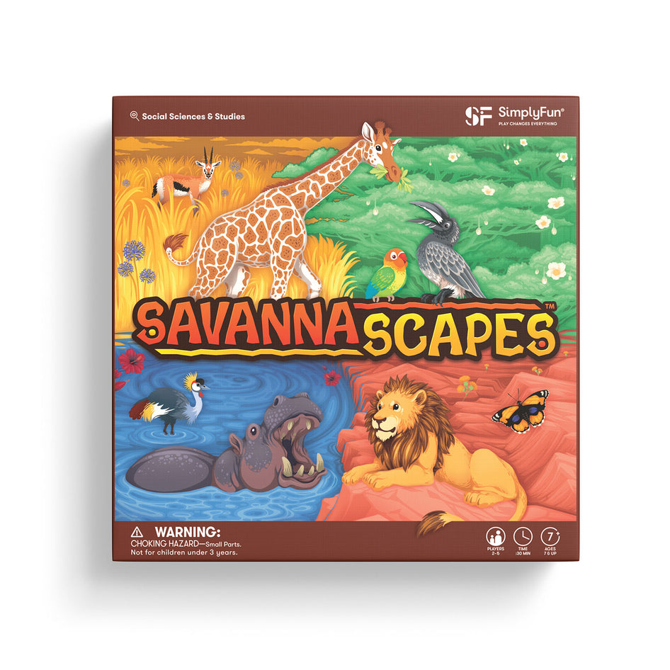 SavannaScapes by SimplyFun is an ecosystems game and strategy game for ages 7 and up.